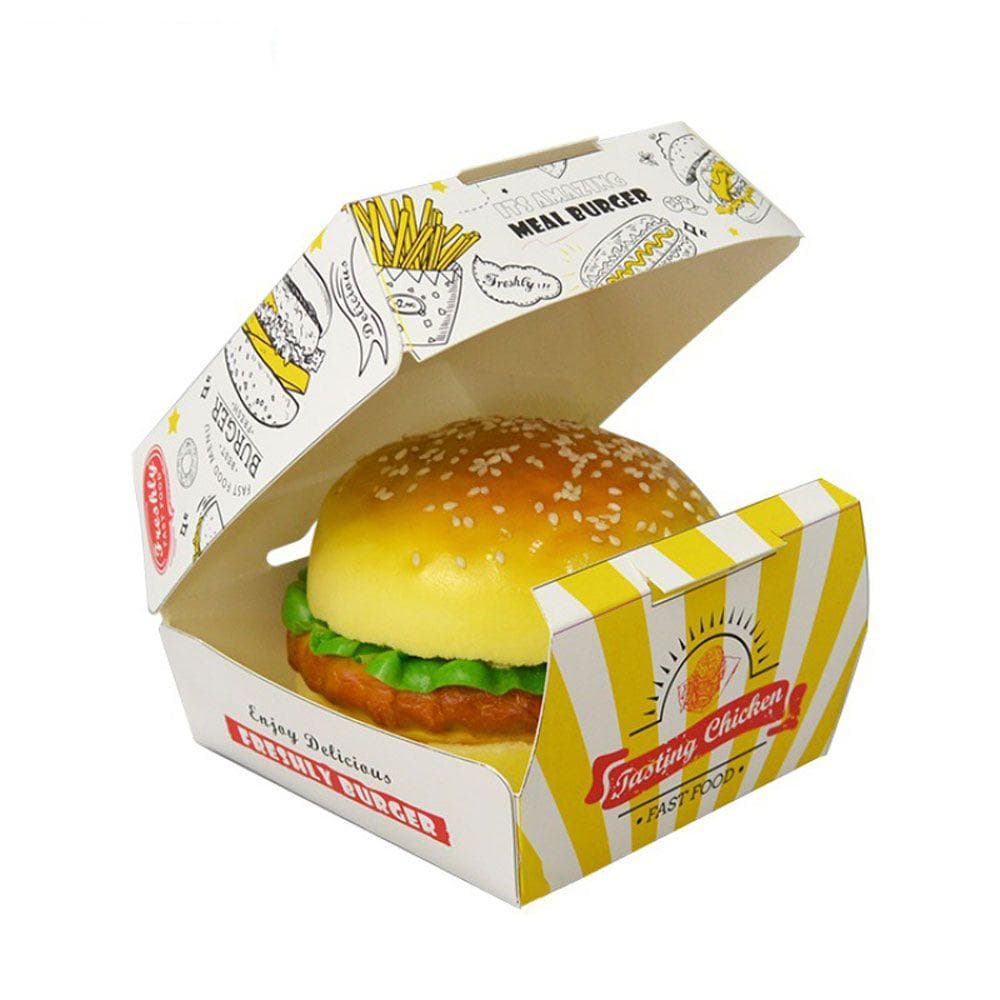 Custom printed burger boxes made from eco-friendly paperboard for restaurants and takeaway services.