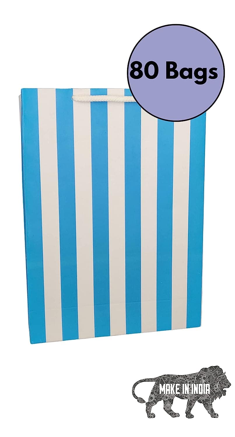 Blue Striped Paper Gift Bags For Return Gift, Small Presents, Weddings, Birthday, Holiday Presents (20.32x 7.62x27.94 Cm)