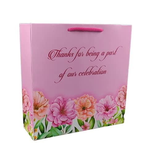 Pink Floral Thank You Big Paper Gift Bags For Baby Shower Return Gift, Small Presents, Weddings, Birthday, Holiday Presents (9x9x3 Inch)