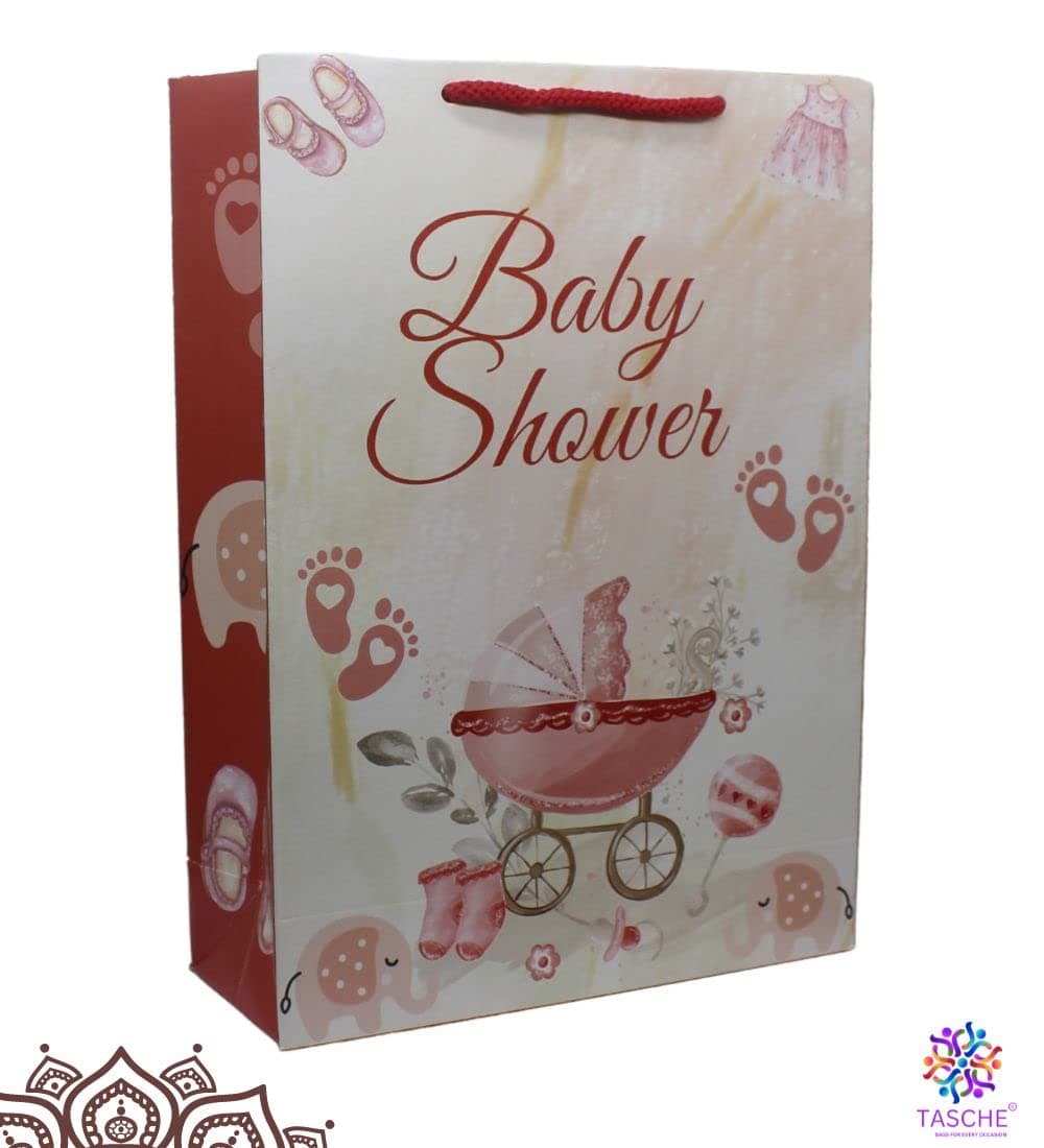 Maroon Trolly Baby Shower Gift Paper Bags | Gift Bags For Return Gifts, Baby Shower, Holiday Presents (11x8x3 Inch)