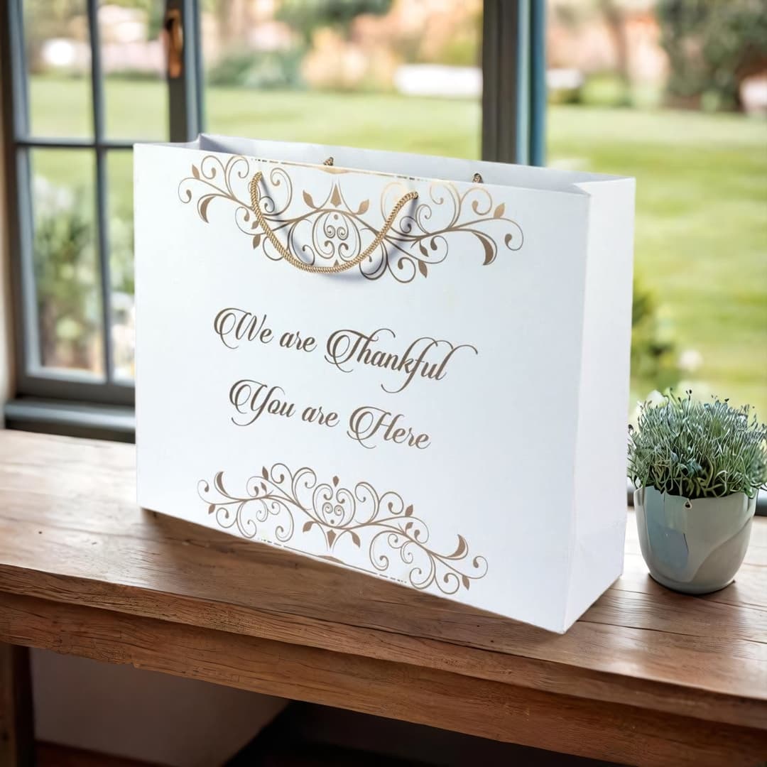 Multicolor Thankful You Are Here Printed Gift Bags For Gifting | Weddings | Birthday | Holiday Presents (12x4x15.50 Inch)