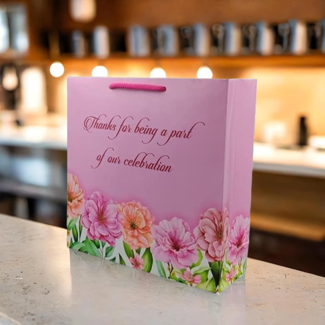 Pink Floral Thank You Big Paper Gift Bags For Baby Shower Return Gift, Small Presents, Weddings, Birthday, Holiday Presents (9x9x3 Inch)