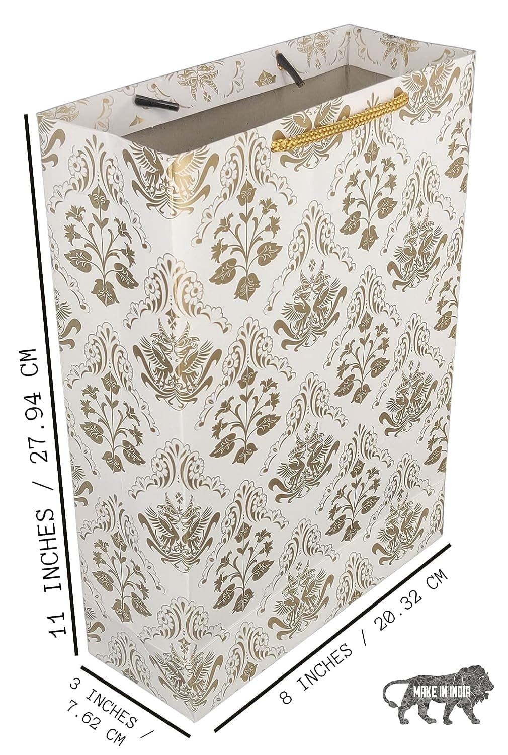 Golden Bird Design Paper Gift Bags For Gifting, Weddings, Birthday, Holiday Presents (20.32x7.62x27.94 Cm)