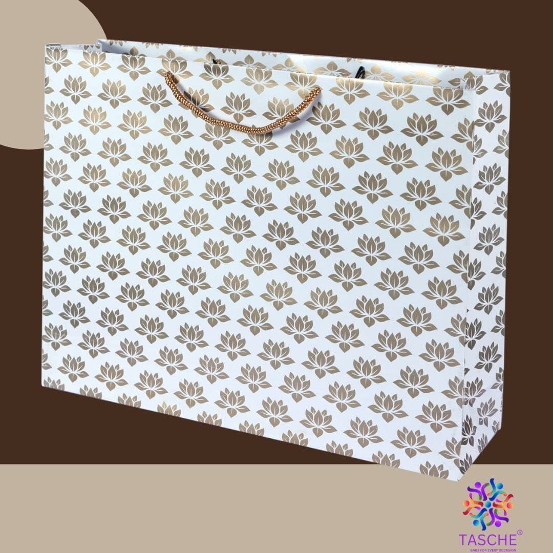 Golden Lotus Printed Gift Bags For Gifting | Weddings | Birthday | Holiday Presents (12x4x15.50 Inch)