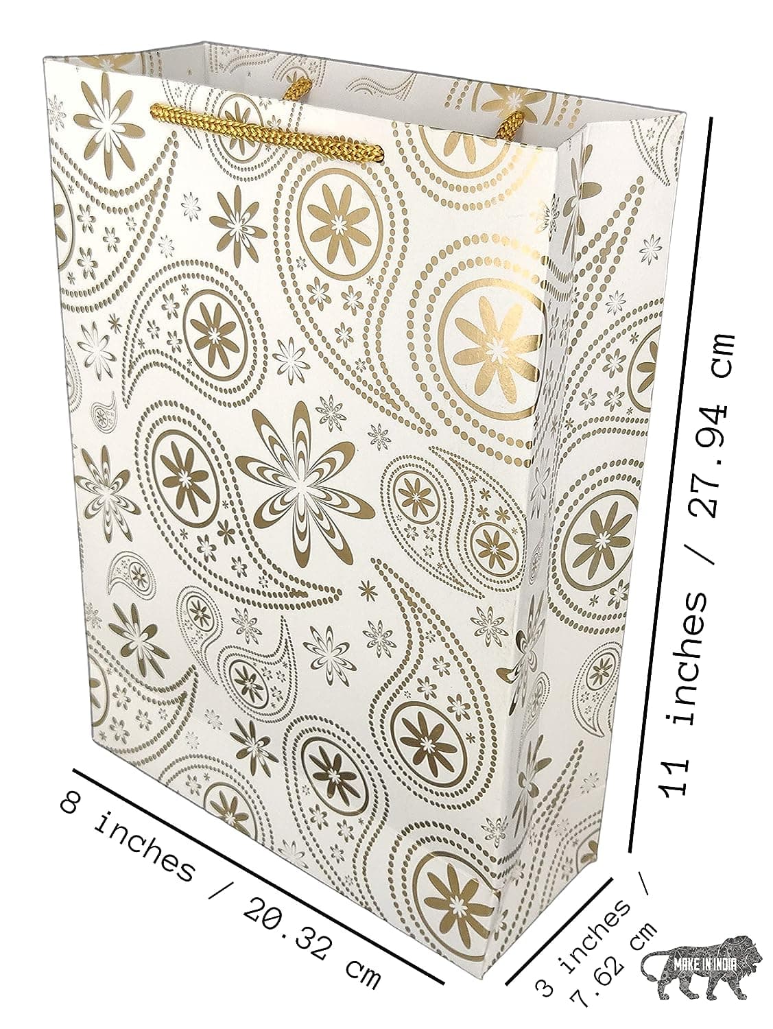Golden Mehendi Design Paper Gift Bags For Gifting, Weddings, Birthday, Holiday Presents (20.32x7.62x27.94 Cm)
