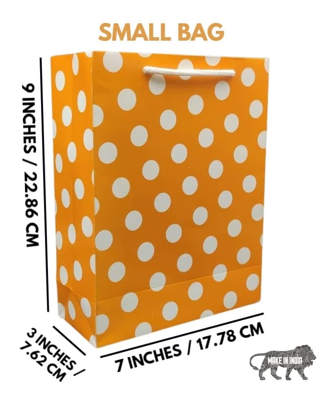 Orange Small Dots Printed Bags For Gifting | Weddings | Birthday | Holiday Presents (9x7x3 Inch)