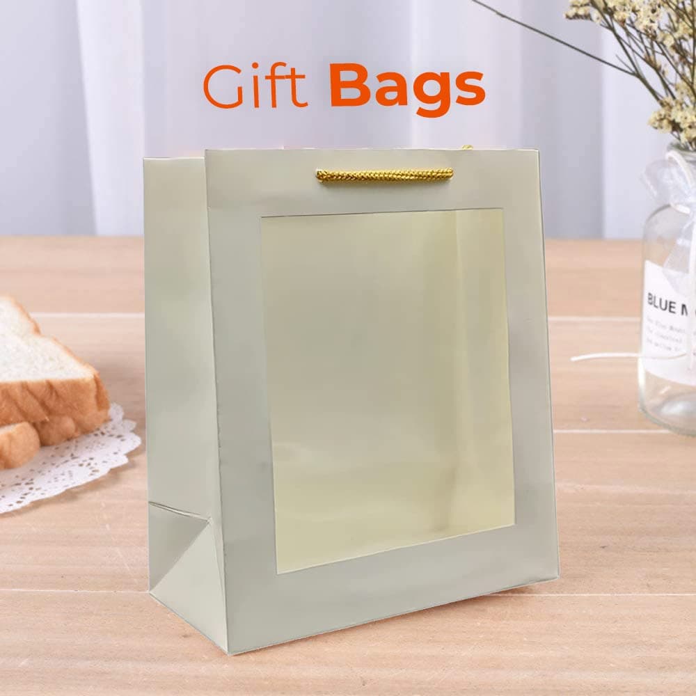 White Transparent Window Bag Printed Gift Bags For Gifting | Weddings | Birthday | Holiday Presents (9x9x4 Inch)