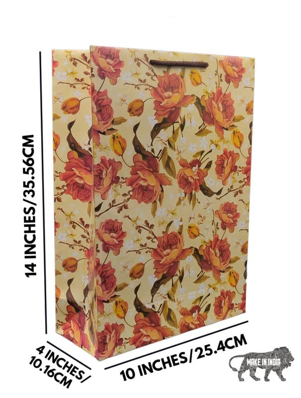 Artistic Rose Design Paper Gift Bags For Return Gift, Small Presents, Weddings, Birthday, Holiday Presents Printed (14x10x4 Inch)