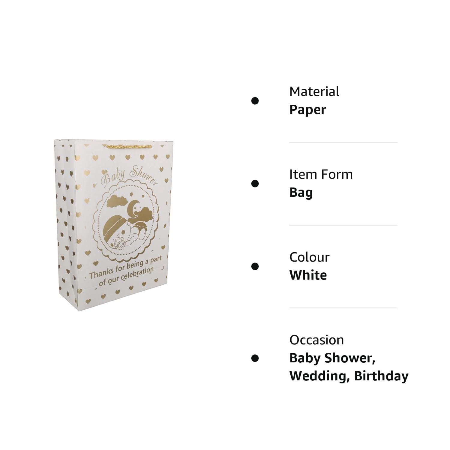 Golden Hearts Paper Gift Bags For Baby Shower Return Gift, Small Presents (20.32x7.62x27.94 Cm)
