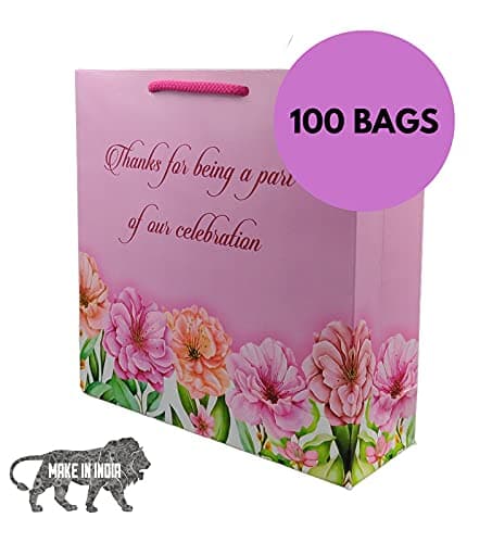 Pink Floral Thank You Big Paper Gift Bags For Baby Shower Return Gift, Small Presents, Weddings, Birthday, Holiday Presents (9x9x3 Inch)