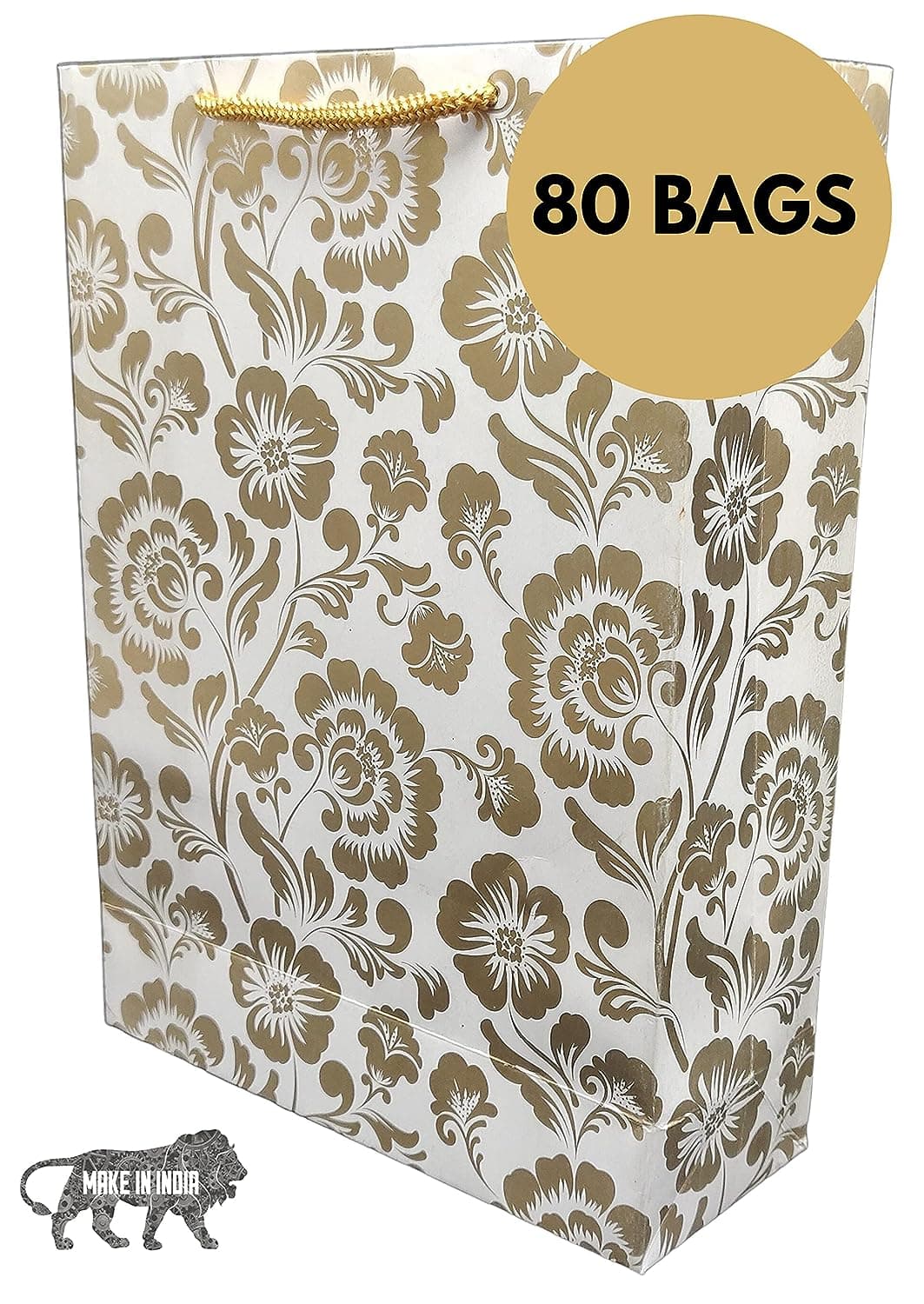 Gold Mandaram Design Gift Bags For Gifting, Weddings, Birthday, Holiday Presents (20.32x7.62x27.94 Cm)