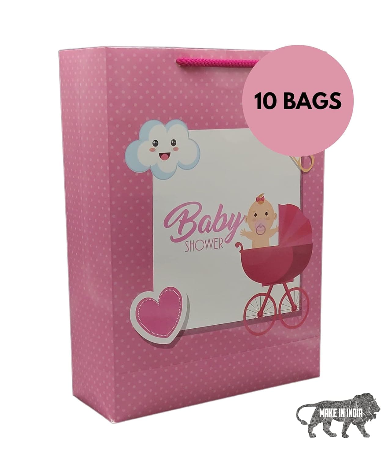Pink Love Basket Baby Shower Paper Gift Bags For Return Gift, Small Presents (20.32x7.62x27.94 Cm)