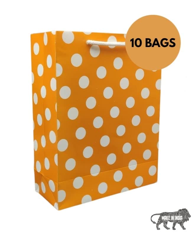 Orange Small Dots Printed Bags For Gifting | Weddings | Birthday | Holiday Presents (9x7x3 Inch)