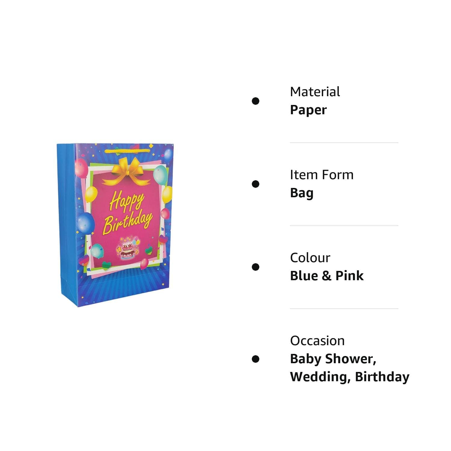 Blue & Pink Happy Birthday Paper Gift Bags For Return Gift, Small Presents (20.32x7.62x27.94 Cm)