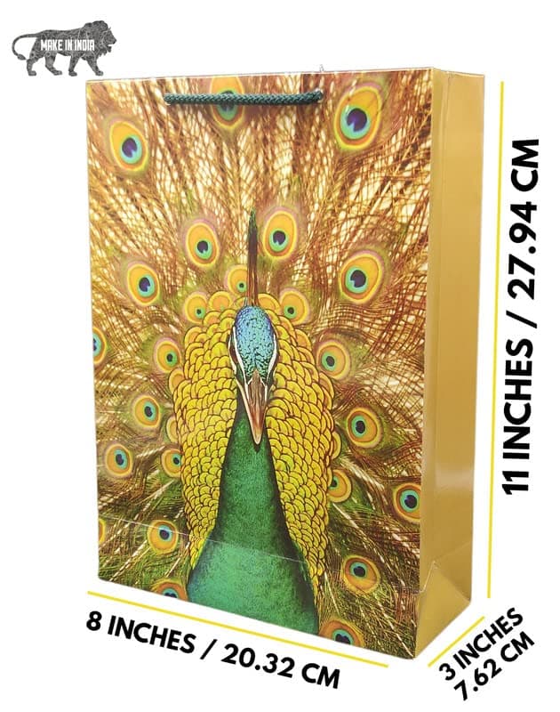 Multicolor Peacock Paper Gift Bags Gifting, Weddings, Birthday, Holiday Presents (8x3x11 Inch)