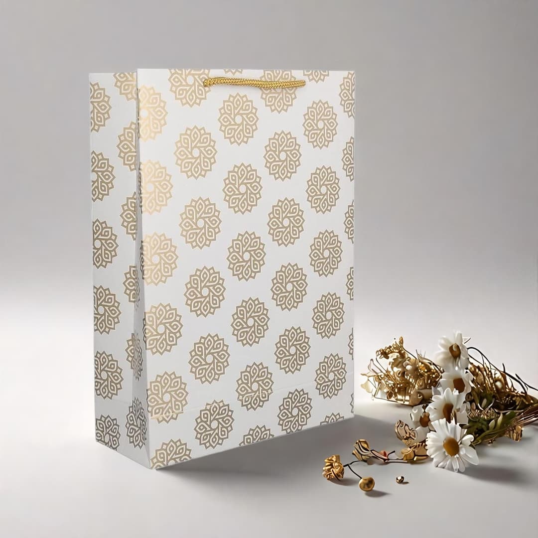 Golden Chakras Paper Gift Bags For Return Gift, Small Presents, Weddings, Birthday, Holiday Presents (20.32x7.62x27.94 Cm)