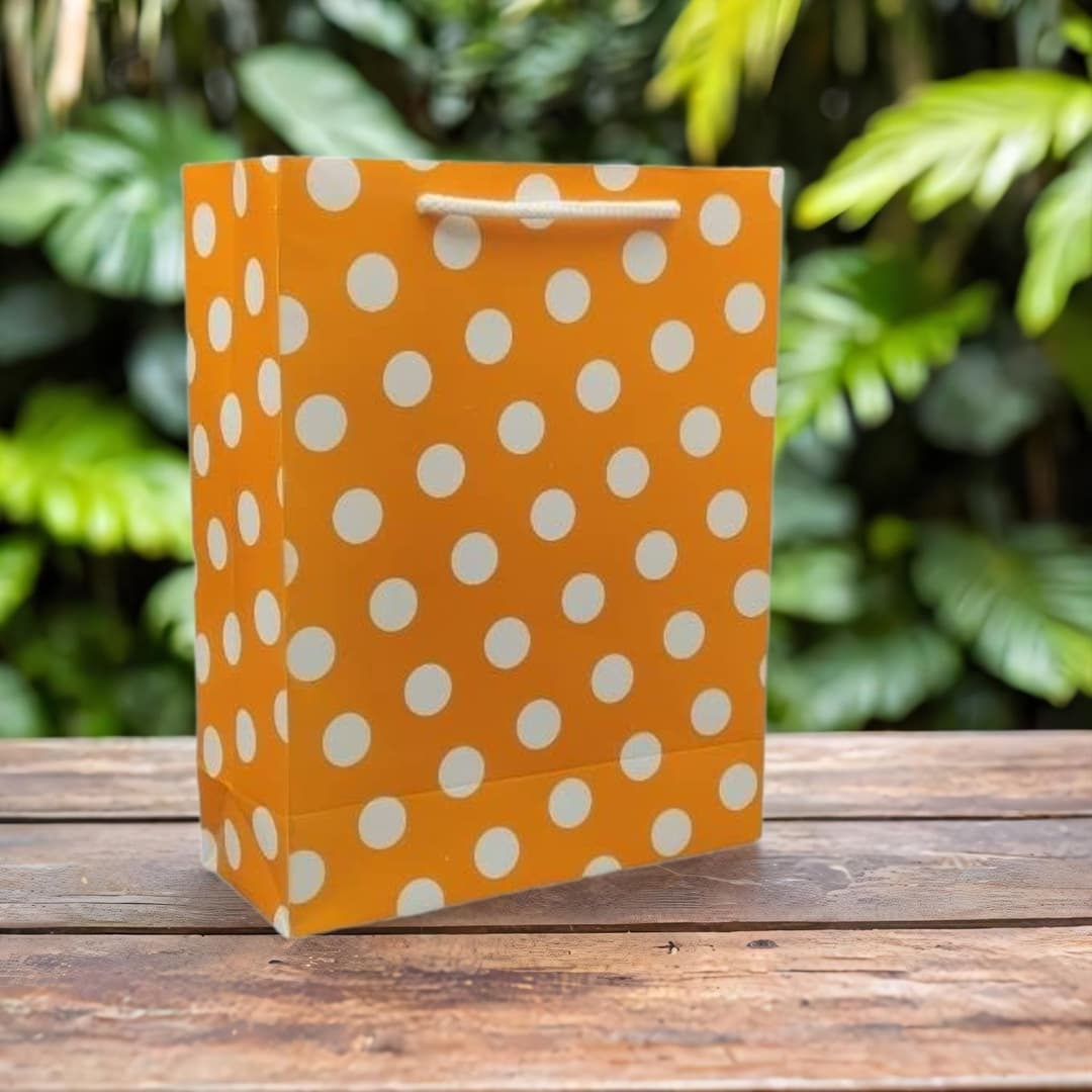 Orange Small Dots Printed Bags For Gifting | Weddings | Birthday | Holiday Presents (9x7x3 Inch)