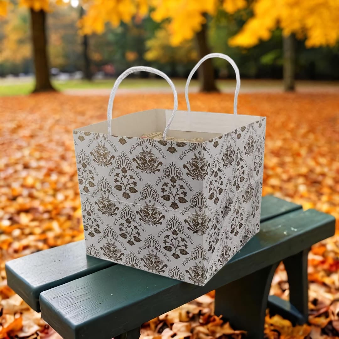 Gold Square Bird Printed Paper Gift Bags For Baby Shower Return Gift, Small Presents, Weddings, Birthday, Holiday Presents (22.60x22.86x 22.86 Cm)
