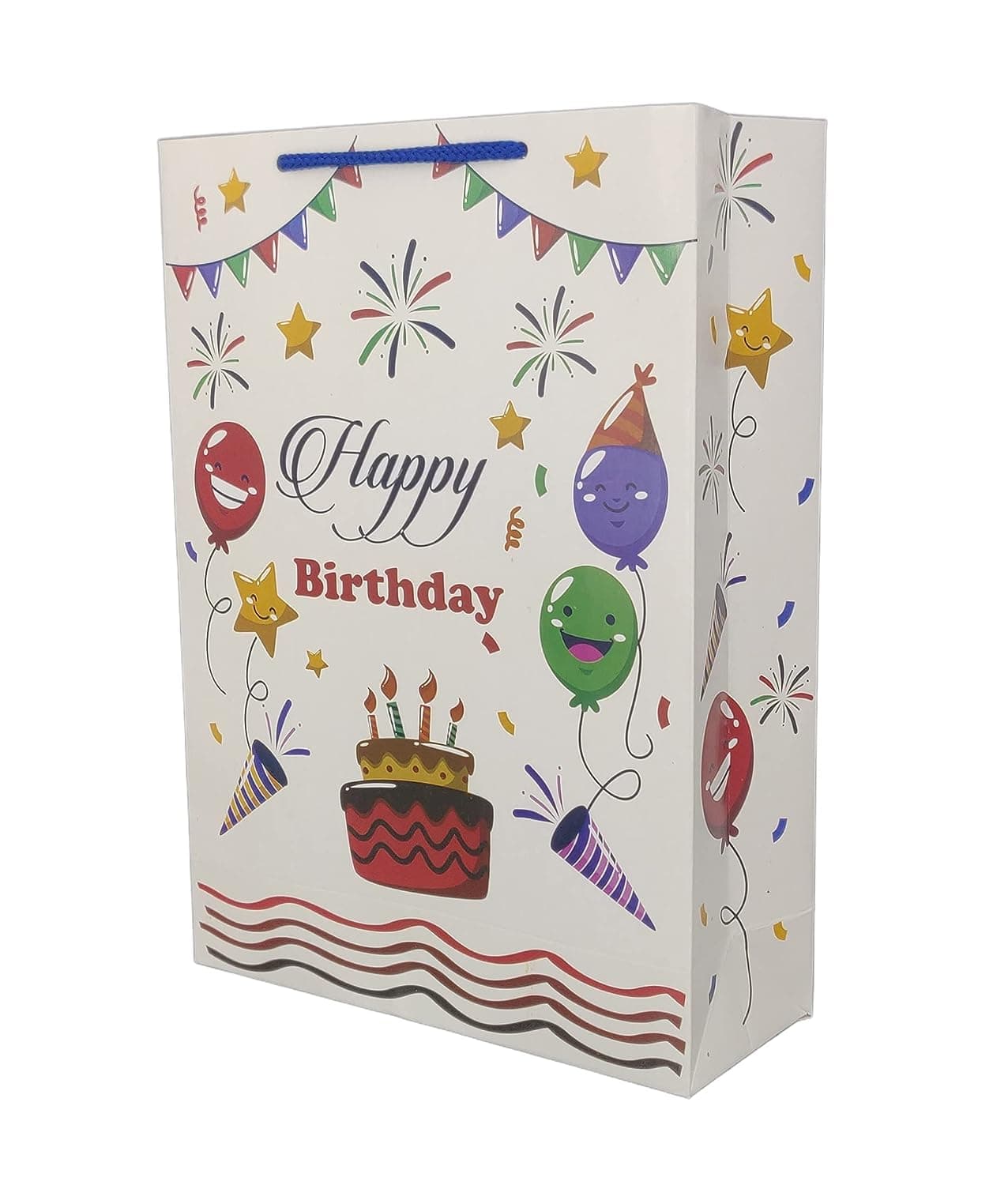 Multicolor Happy Birthday Paper Gift Bags With Star Design For Return Gift, Small Presents (20.32x7.62x27.94 Cm)