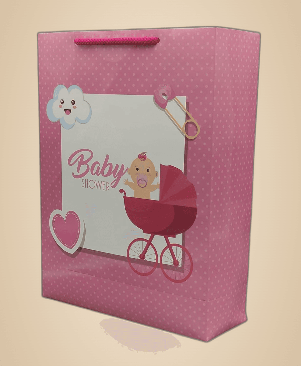 Pink Love Basket Baby Shower Paper Gift Bags For Return Gift, Small Presents (20.32x7.62x27.94 Cm)