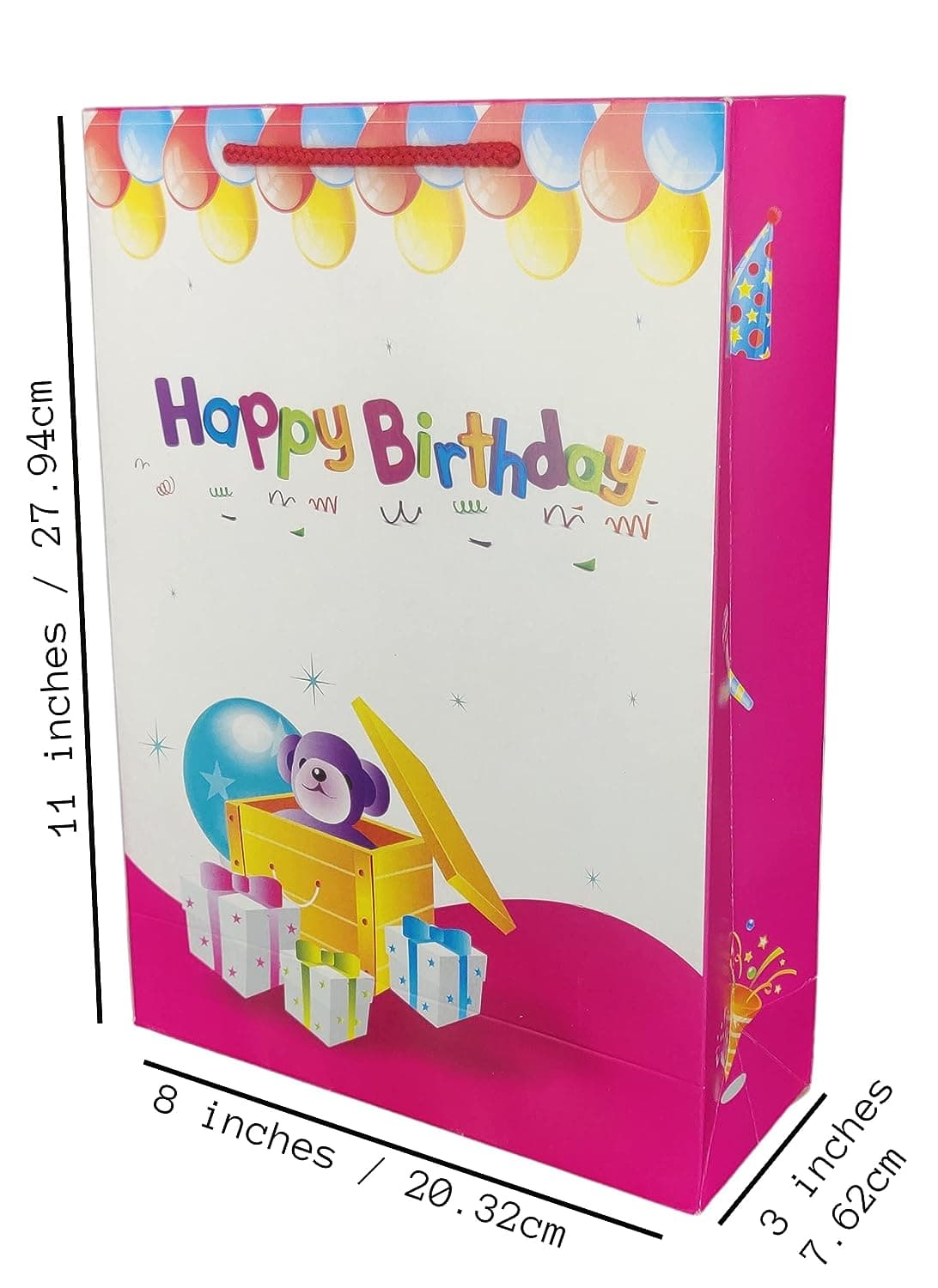 Pink Happy Birthday Paper Gift Bags For Kids Birthday Return Gift, Small Presents (20.32x7.62x27.94 Cm)