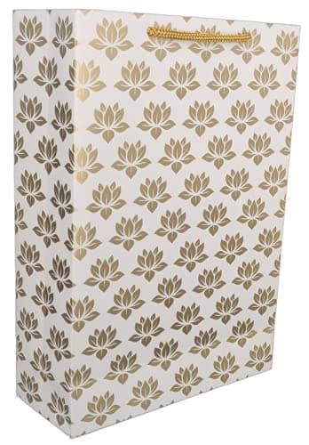 Golden Lotus Design Paper Gift Bags For Gifting, Weddings, Birthday, Holiday Presents (20.32x7.62x27.94 Cm)