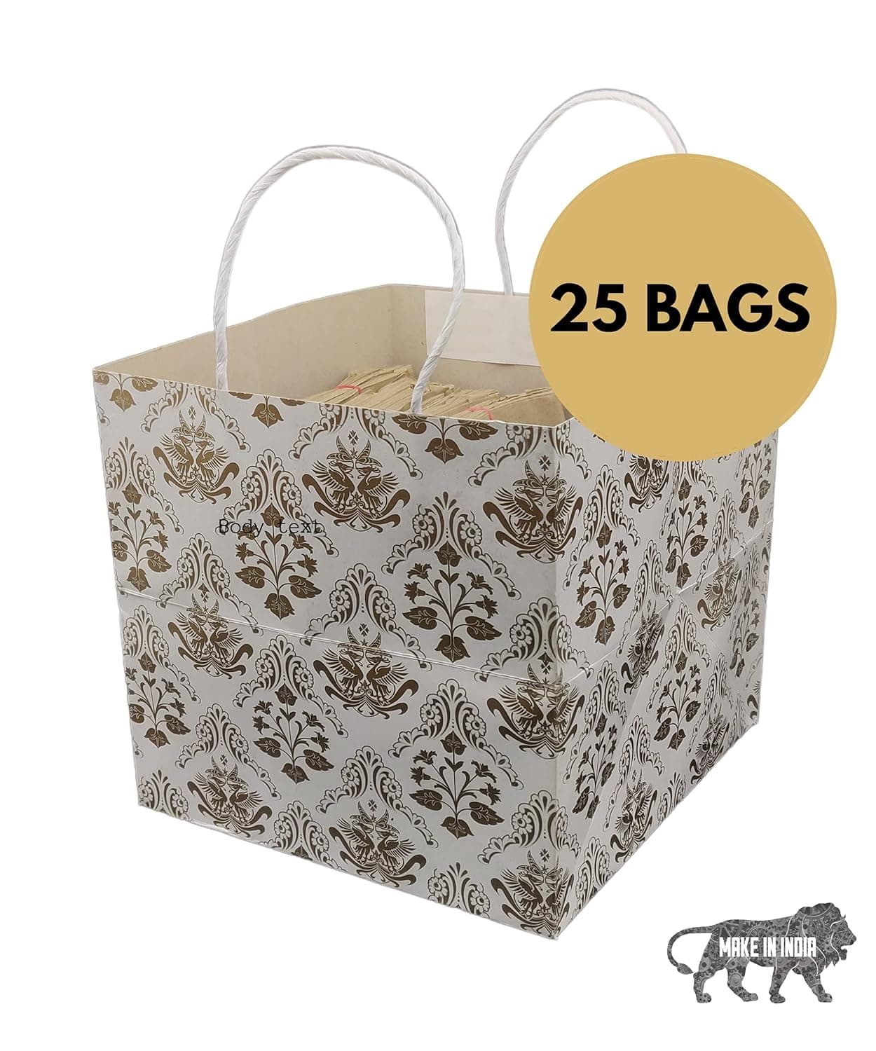 Gold Square Bird Printed Paper Gift Bags For Baby Shower Return Gift, Small Presents, Weddings, Birthday, Holiday Presents (22.60x22.86x 22.86 Cm)