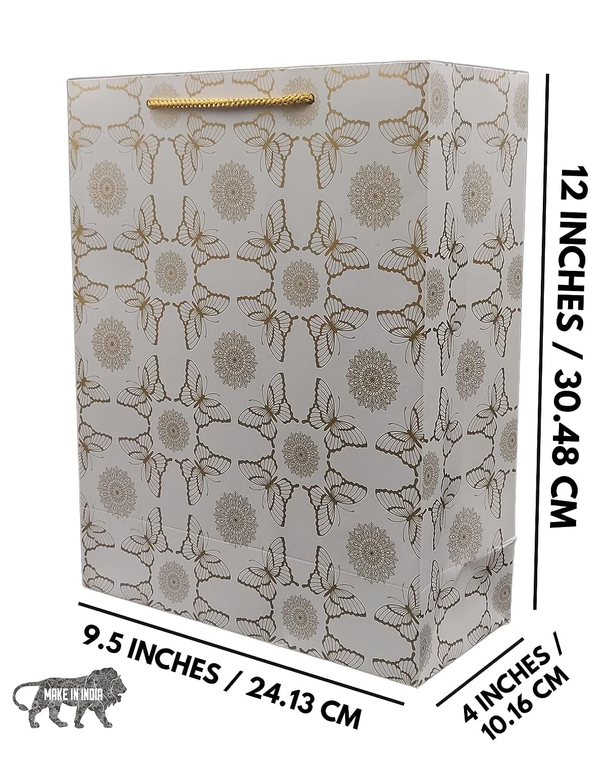 Golden Butterfly Printed Paper Gift Bags For Baby Shower Return Gift, Small Presents, Weddings, Birthday, Holiday Presents (24.13x10.16x30.48 Cm) (Pack Of 60)