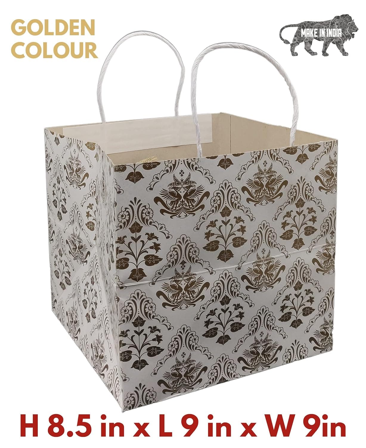 Gold Square Bird Printed Paper Gift Bags For Baby Shower Return Gift, Small Presents, Weddings, Birthday, Holiday Presents (22.60x22.86x 22.86 Cm)