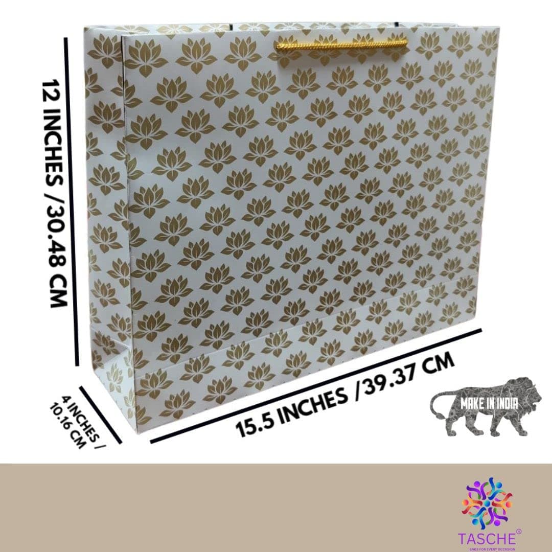 Golden Lotus Printed Gift Bags For Gifting | Weddings | Birthday | Holiday Presents (12x4x15.50 Inch)