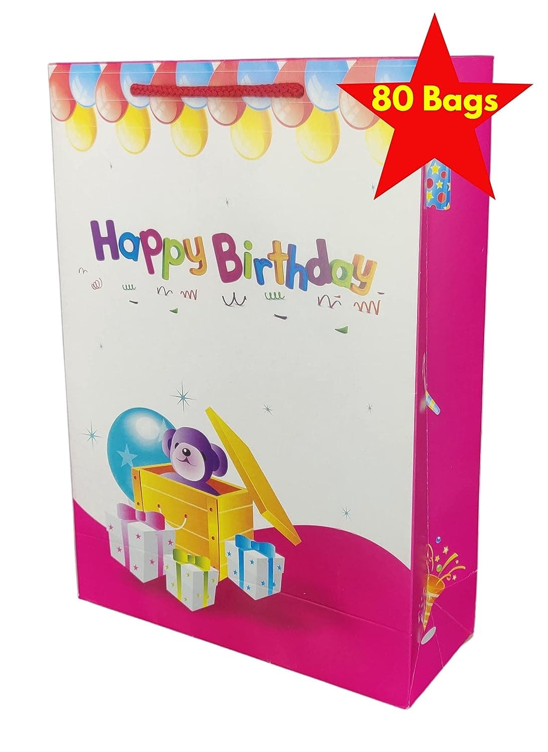 Pink Happy Birthday Paper Gift Bags For Kids Birthday Return Gift, Small Presents (20.32x7.62x27.94 Cm)