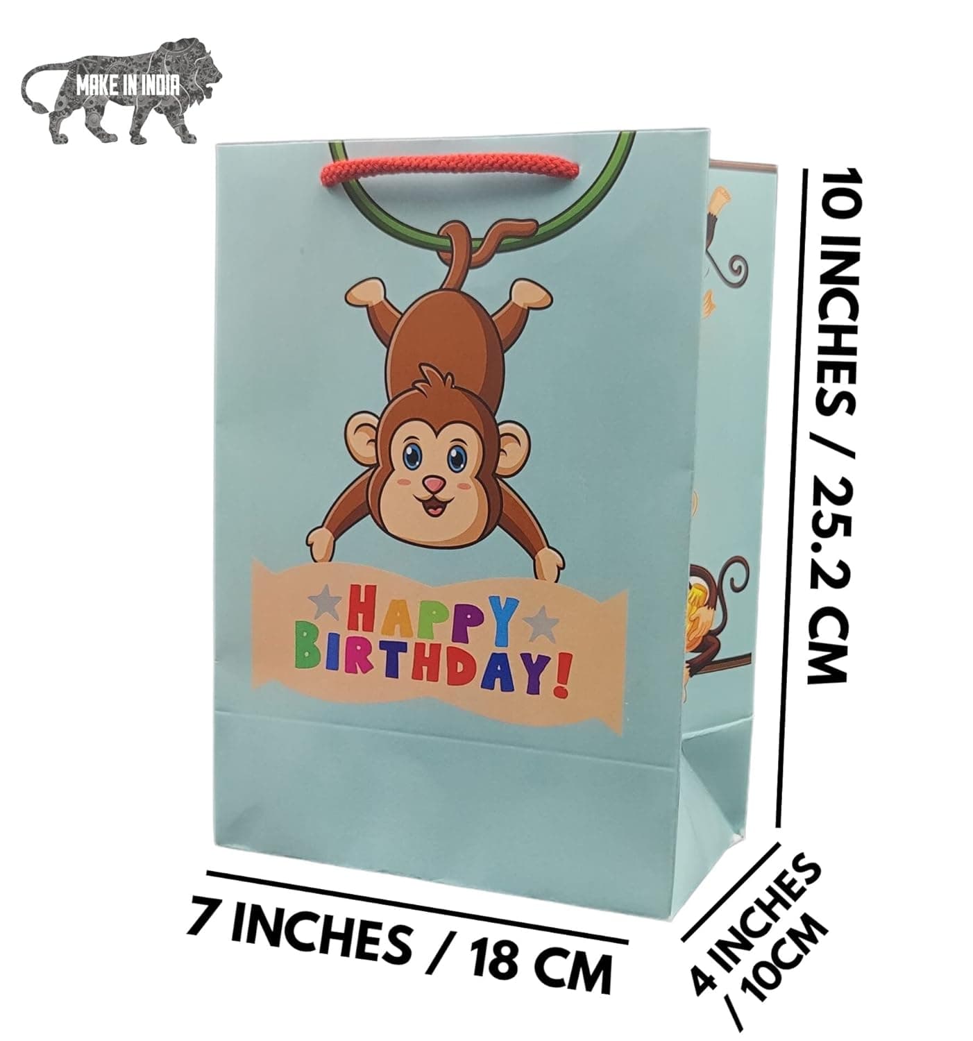 Multicolor Monkey Theme Birthday Bag Gift Bags For Gifting | Weddings | Birthday | Holiday Presents (10x7x4 Inch)