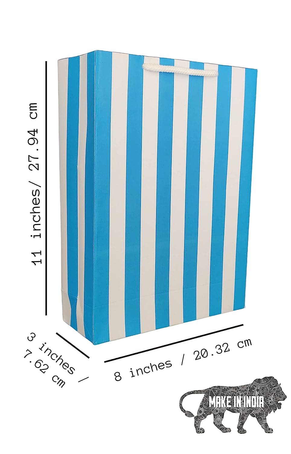Blue Striped Paper Gift Bags For Return Gift, Small Presents, Weddings, Birthday, Holiday Presents (20.32x 7.62x27.94 Cm)