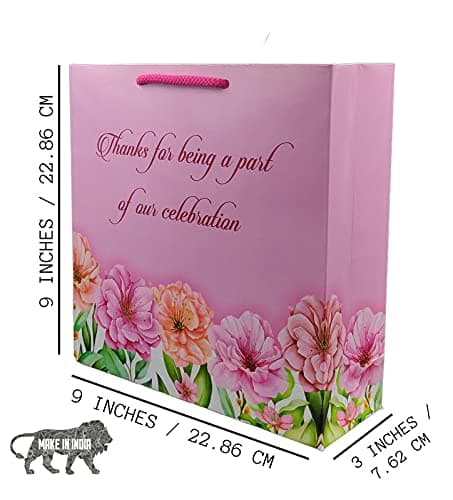 Pink Floral Thank You Big Paper Gift Bags For Baby Shower Return Gift, Small Presents, Weddings, Birthday, Holiday Presents (9x9x3 Inch)