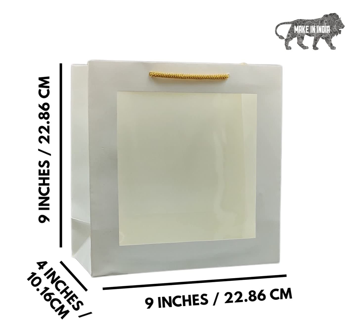 White Transparent Window Bag Printed Gift Bags For Gifting | Weddings | Birthday | Holiday Presents (9x9x4 Inch)