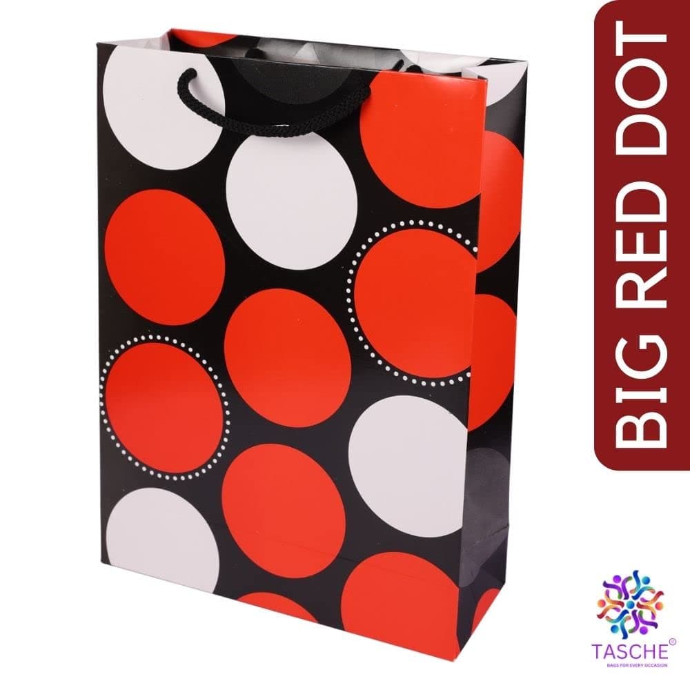 Black & Red Dotted Gift Bags For Gifting, Weddings, Birthday,Holiday Presents (28x20x7.5 Cm)