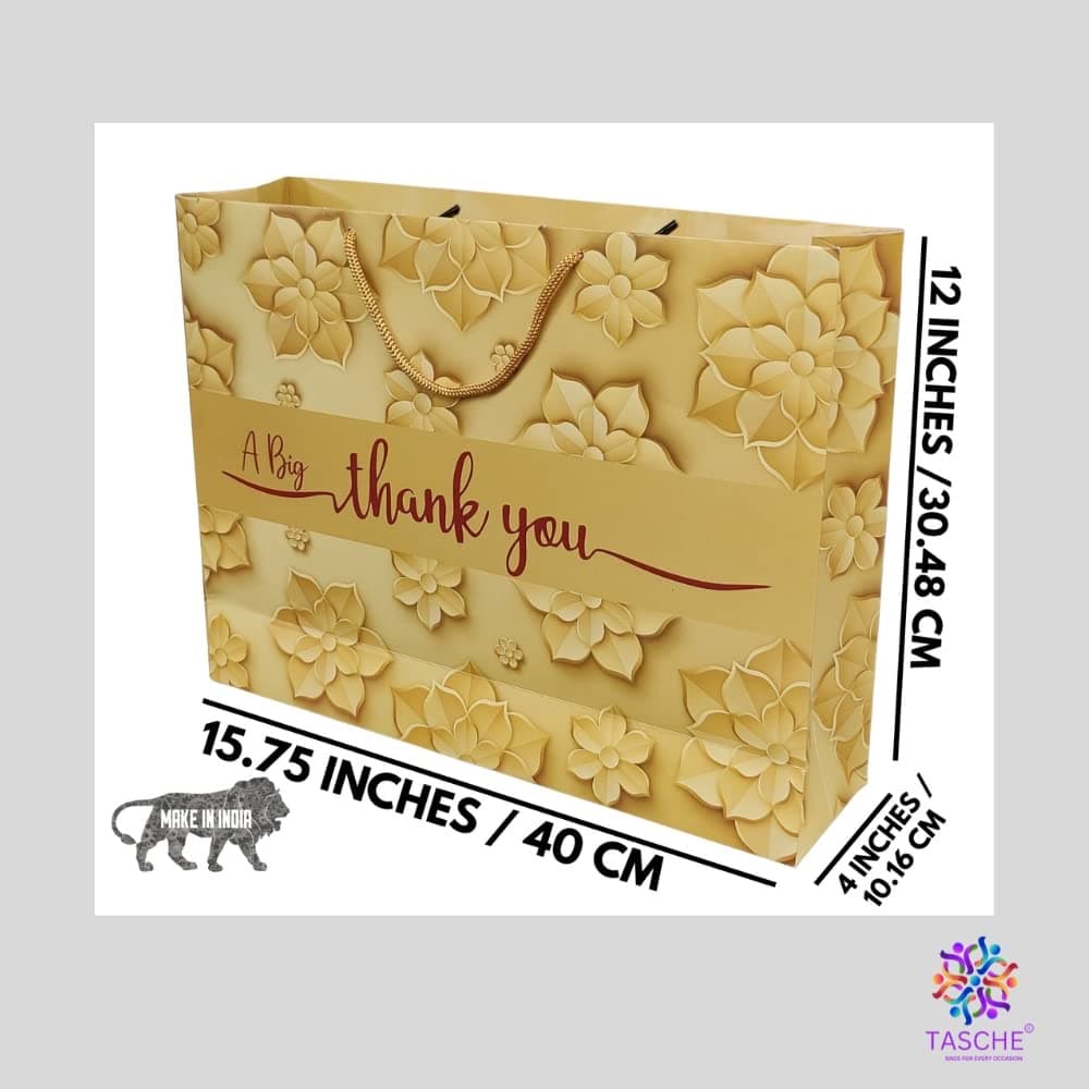 Multicolor A Big Thank You Golden Design Printed Gift Bags For Gifting | Weddings | Birthday | Holiday Presents (12x16x4 Inch)