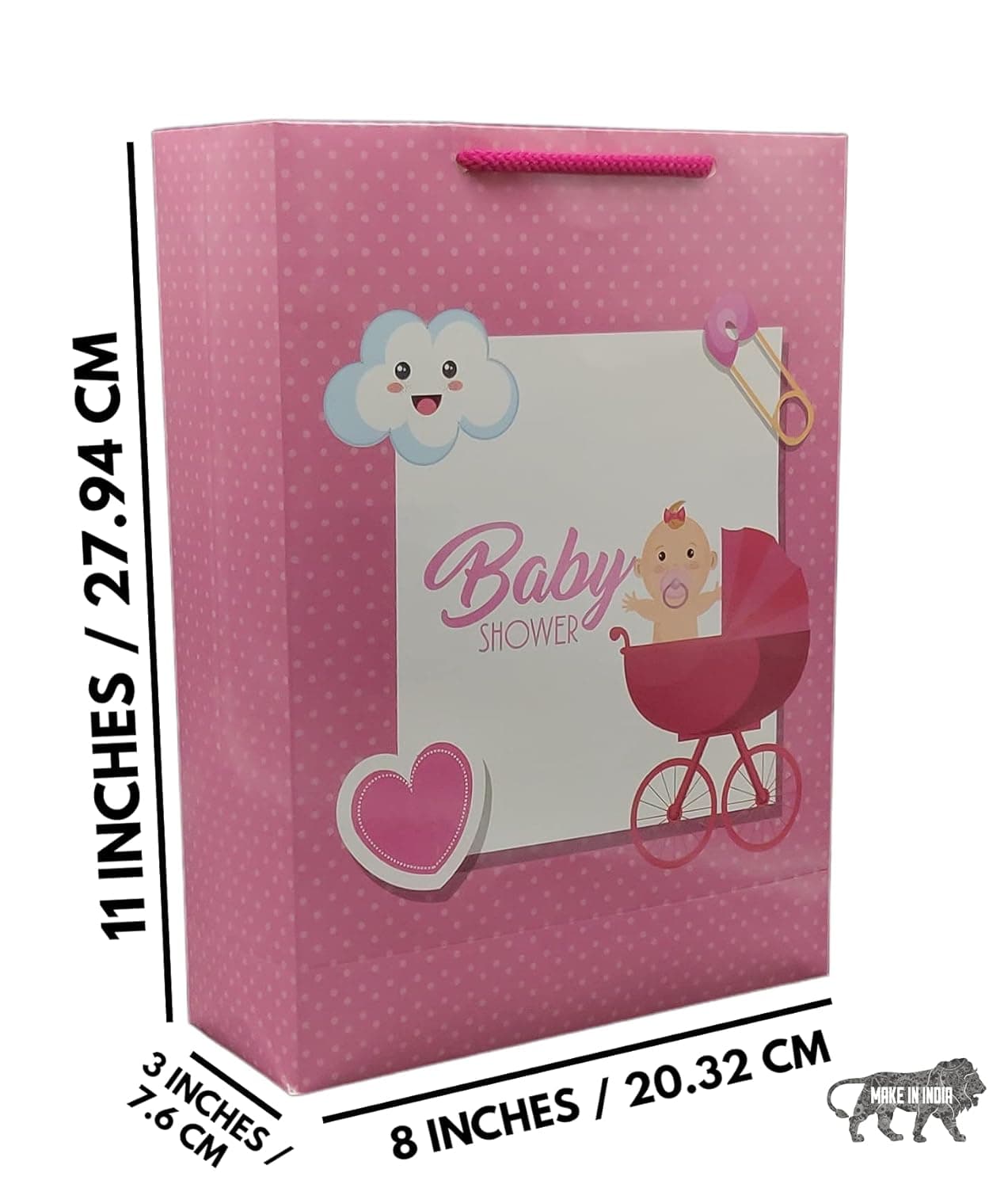 Pink Love Basket Baby Shower Paper Gift Bags For Return Gift, Small Presents (20.32x7.62x27.94 Cm)