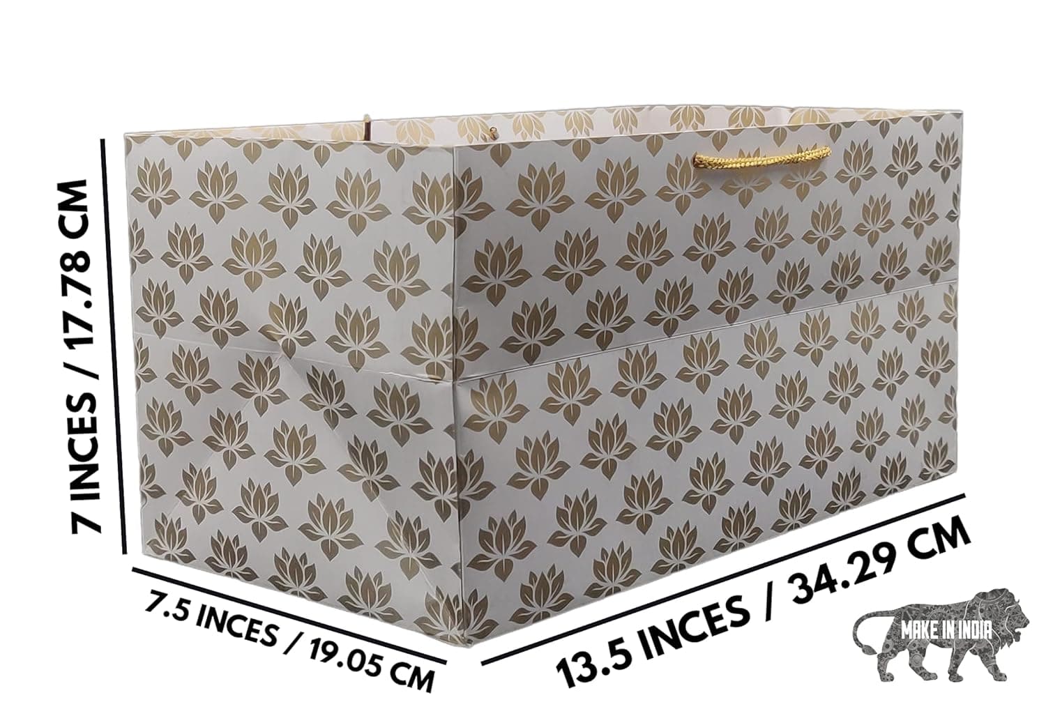 Golden Rectangular Lotus Printed Paper Gift Bags For Baby Shower Return Gift, Small Presents, Weddings, Birthday, Holiday Presents (34.29x19.05x17.78 Cm)
