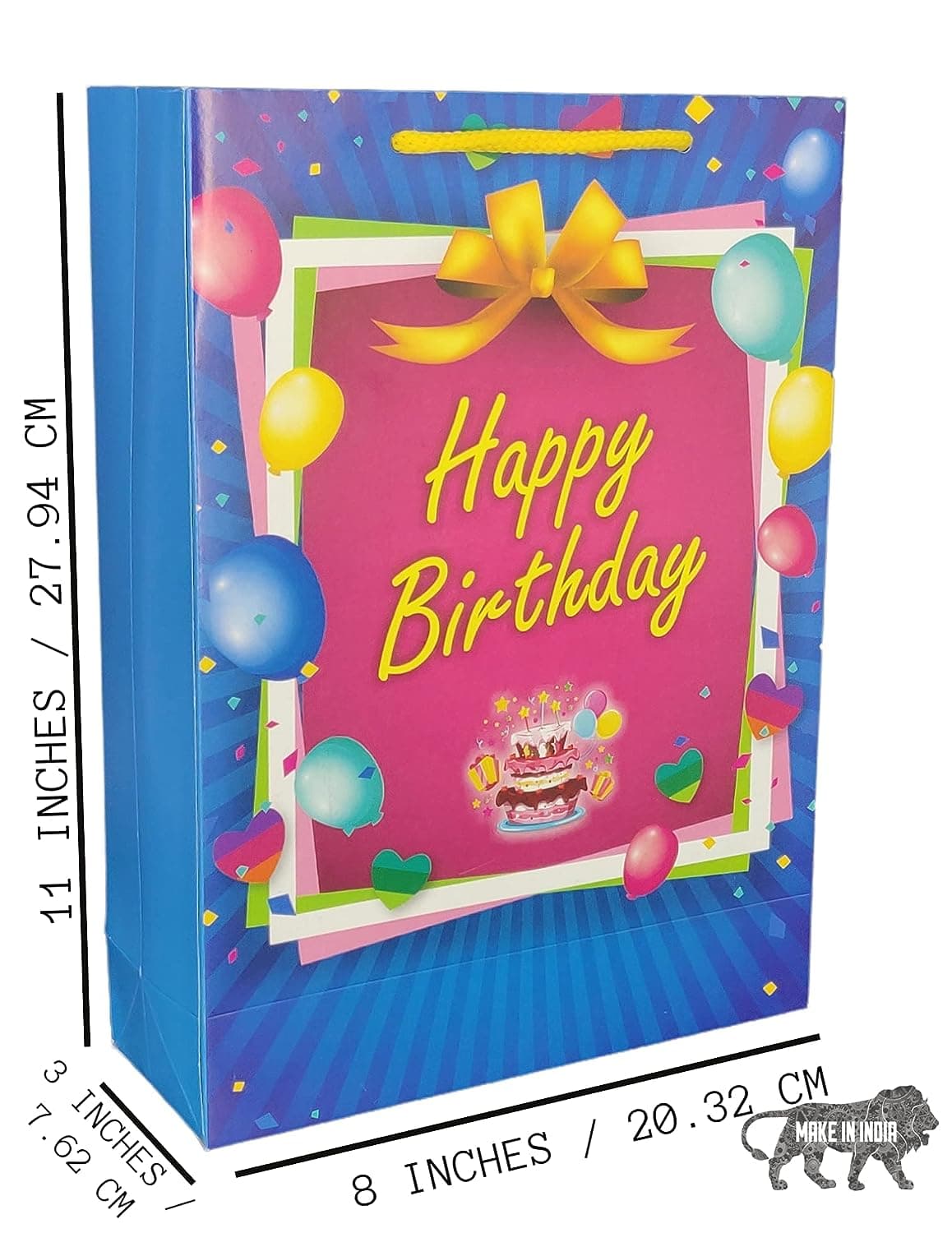 Blue & Pink Happy Birthday Paper Gift Bags For Return Gift, Small Presents (20.32x7.62x27.94 Cm)