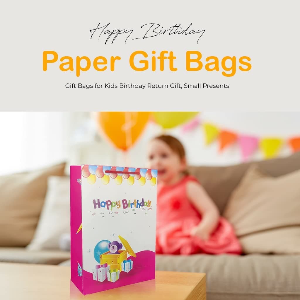 Pink Happy Birthday Paper Gift Bags For Kids Birthday Return Gift, Small Presents (20.32x7.62x27.94 Cm)