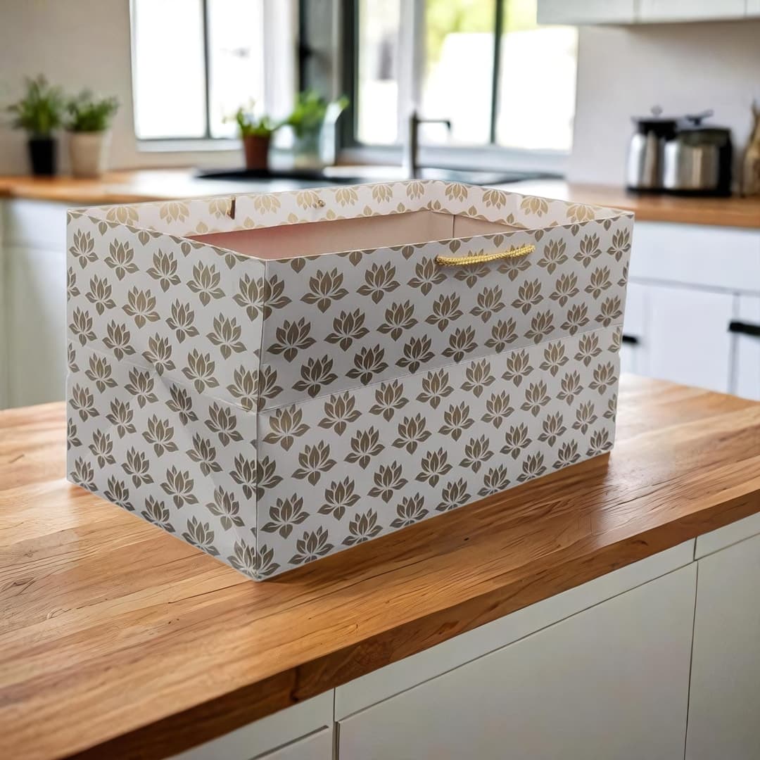 Golden Rectangular Lotus Printed Paper Gift Bags For Baby Shower Return Gift, Small Presents, Weddings, Birthday, Holiday Presents (34.29x19.05x17.78 Cm)
