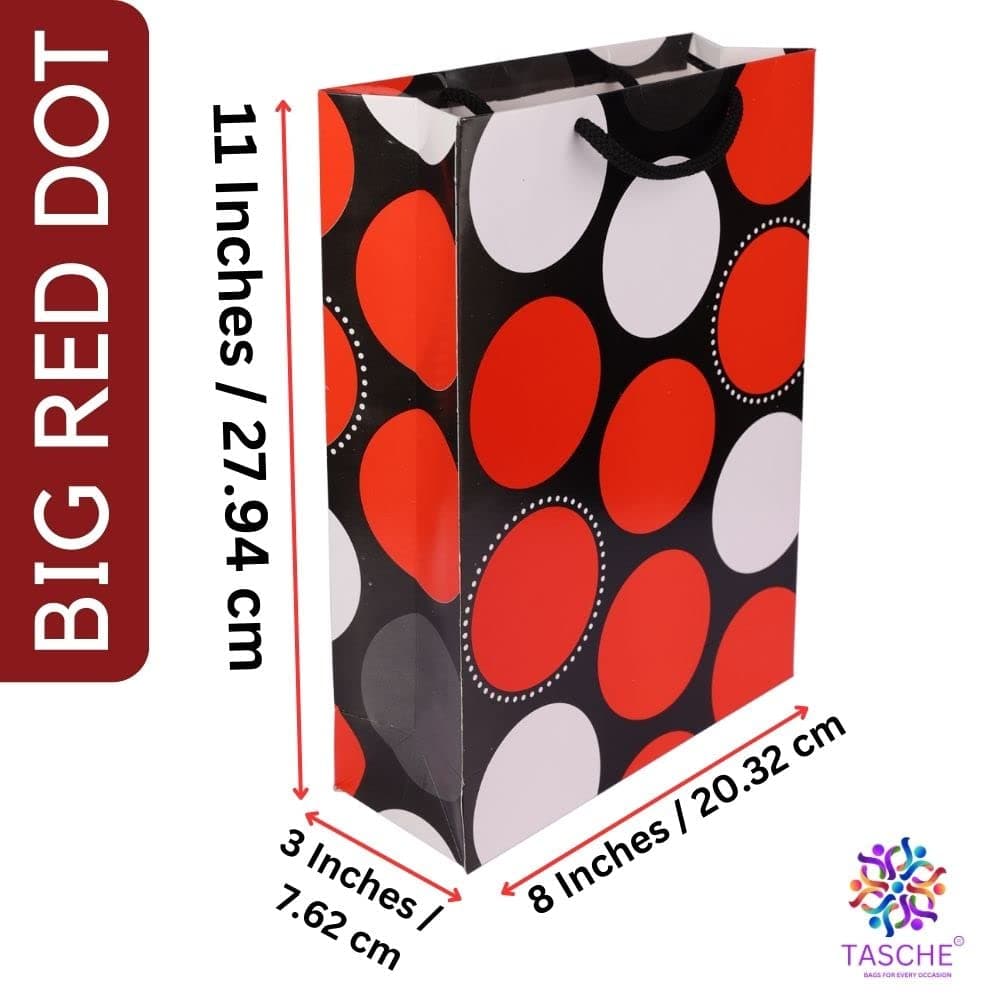 Black & Red Dotted Gift Bags For Gifting, Weddings, Birthday,Holiday Presents (28x20x7.5 Cm)