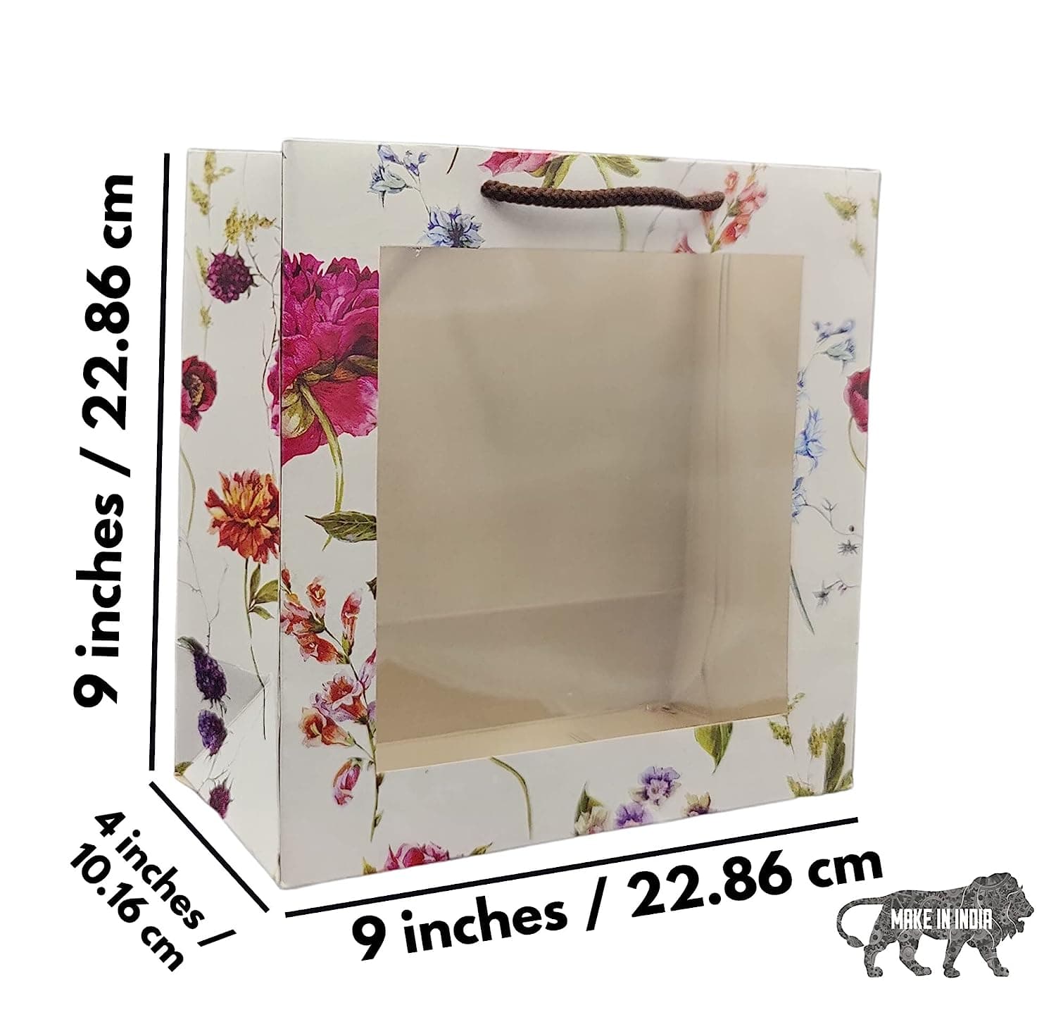 Multicolor Alekhya Design Transparent Window Bag Printed Gift Bags For Gifting | Weddings | Birthday | Holiday Presents (9x9x4 Inch)