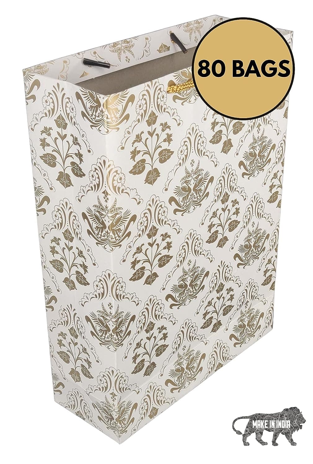 Golden Bird Design Paper Gift Bags For Gifting, Weddings, Birthday, Holiday Presents (20.32x7.62x27.94 Cm)