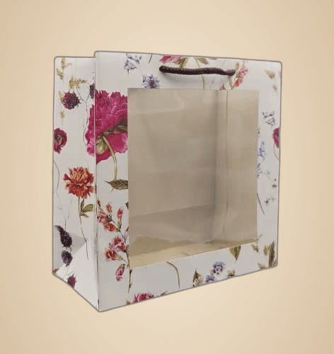 Multicolor Alekhya Design Transparent Window Bag Printed Gift Bags For Gifting | Weddings | Birthday | Holiday Presents (9x9x4 Inch)