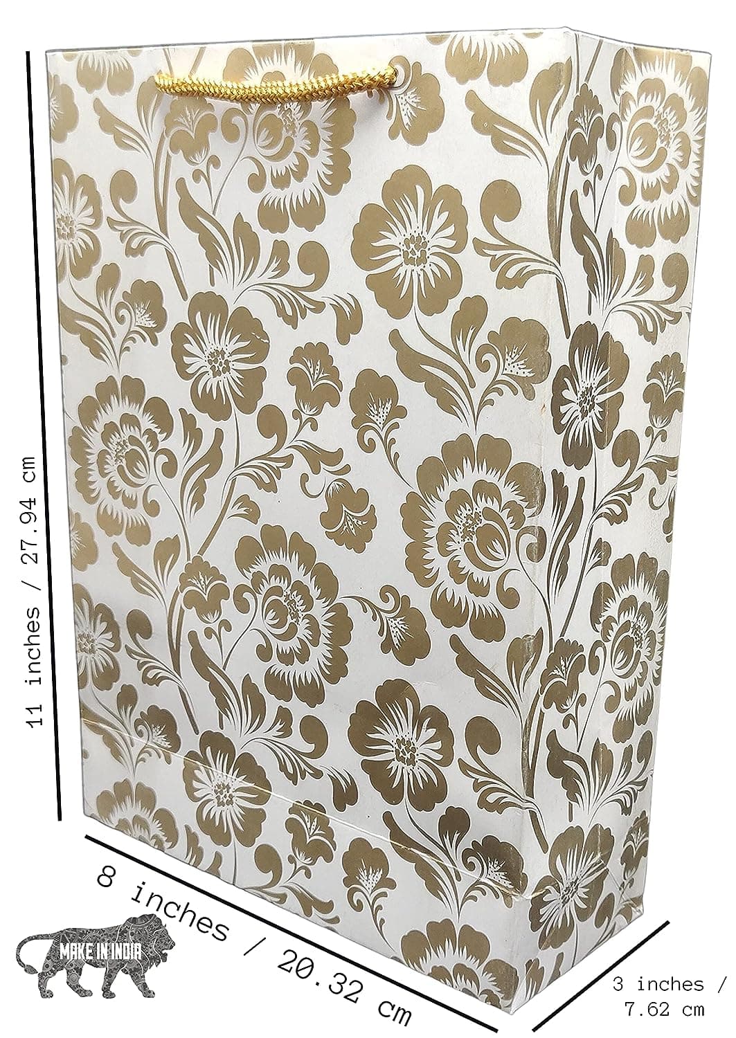 Gold Mandaram Design Gift Bags For Gifting, Weddings, Birthday, Holiday Presents (20.32x7.62x27.94 Cm)