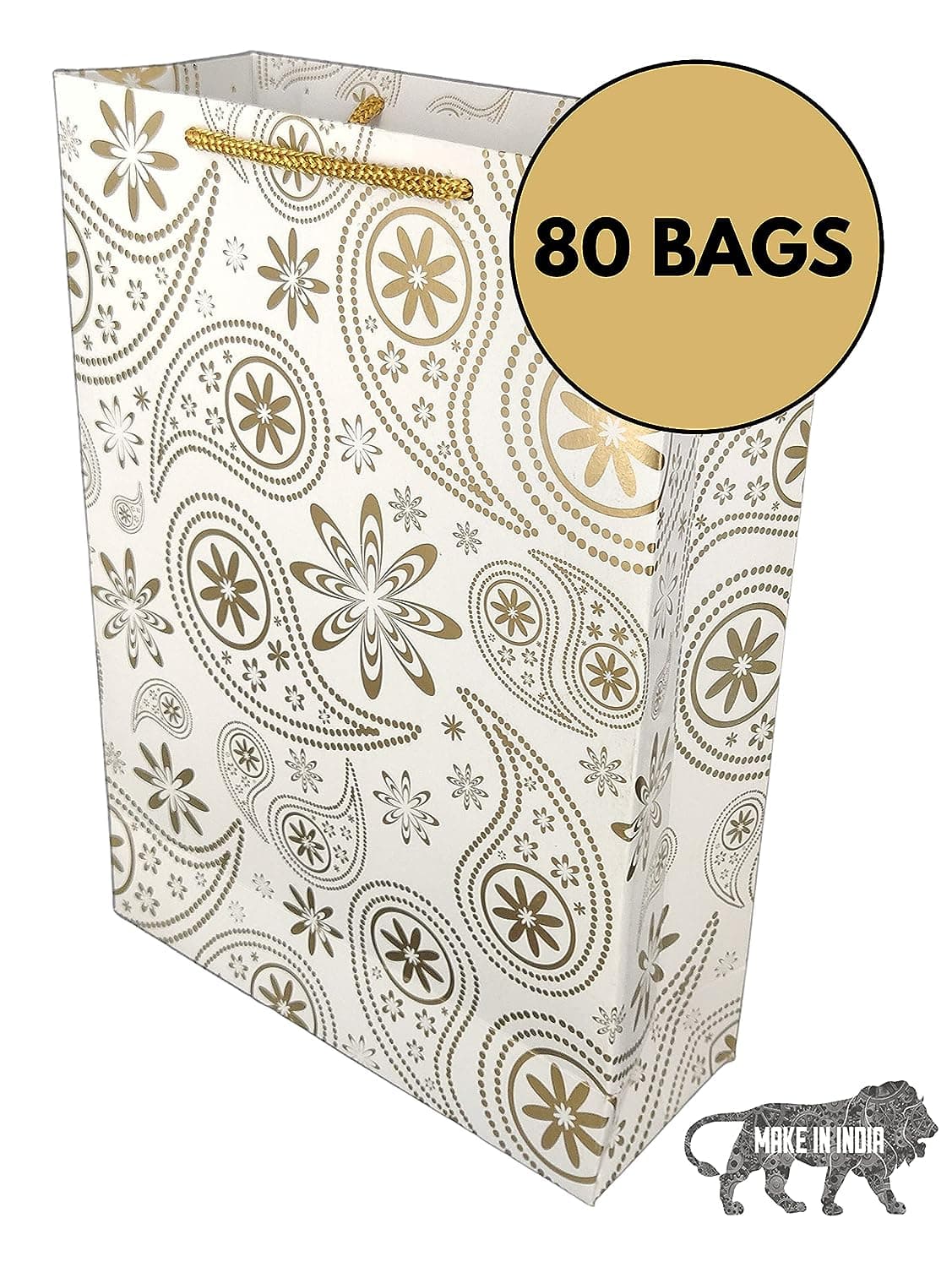 Golden Mehendi Design Paper Gift Bags For Gifting, Weddings, Birthday, Holiday Presents (20.32x7.62x27.94 Cm)