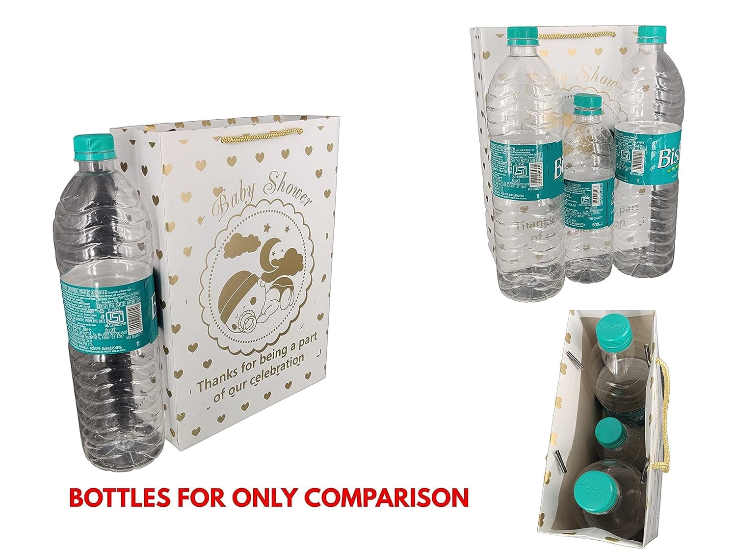 Golden Hearts Paper Gift Bags For Baby Shower Return Gift, Small Presents (20.32x7.62x27.94 Cm)