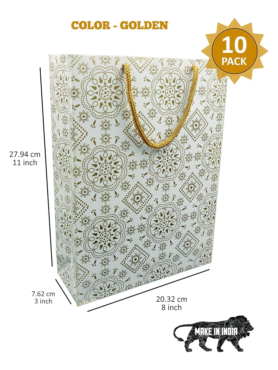Gold Design Gift Bags For Weddings, Birthday, Holiday Presents (20.32x7.62x27.94 Cm)